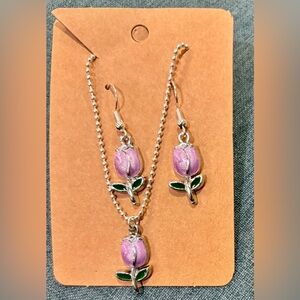 Silver Tulip Jewelry Set with Lilac Enamel - Necklace & Earrings